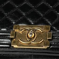 Pre Owned Chanel Black Quilted Crinkled Leather Large Boy Bag