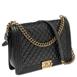 Pre Owned Chanel Black Quilted Crinkled Leather Large Boy Bag