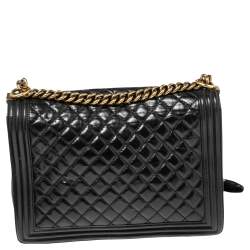 Pre Owned Chanel Black Quilted Crinkled Leather Large Boy Bag