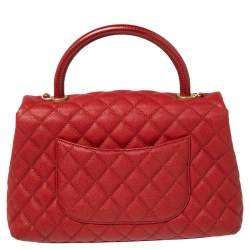 Pre Owned Chanel Red Lizard Embossed and Caviar Leather Small Coco Top Handle Bag