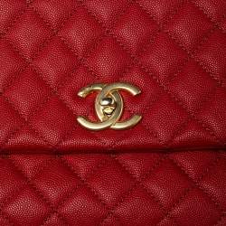 Pre Owned Chanel Red Lizard Embossed and Caviar Leather Small Coco Top Handle Bag
