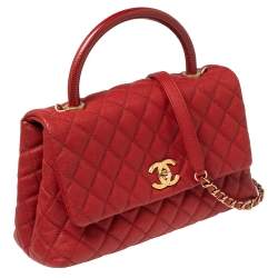 Pre Owned Chanel Red Lizard Embossed and Caviar Leather Small Coco Top Handle Bag