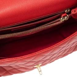 Pre Owned Chanel Red Lizard Embossed and Caviar Leather Small Coco Top Handle Bag