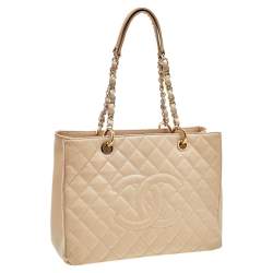 Pre Owned Chanel Beige Quilted Caviar Leather Grand Shopping Tote