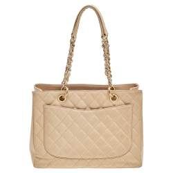 Pre Owned Chanel Beige Quilted Caviar Leather Grand Shopping Tote
