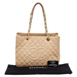Pre Owned Chanel Beige Quilted Caviar Leather Grand Shopping Tote