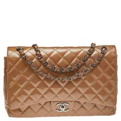 Pre Owned Chanel Beige Quilted Patent Leather Maxi Classic Double Flap Bag