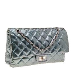 Pre Owned Chanel Green Quilted Patent Leather Reissue 2.55 Classic 227 Flap Bag