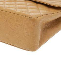 Pre Owned Chanel Beige Quilted Caviar Leather Jumbo Vintage Classic Single Flap Bag