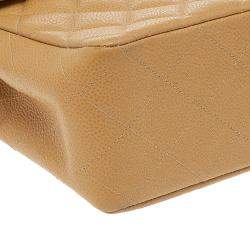 Pre Owned Chanel Beige Quilted Caviar Leather Jumbo Vintage Classic Single Flap Bag