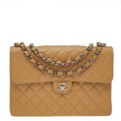 Pre Owned Chanel Beige Quilted Caviar Leather Jumbo Vintage Classic Single Flap Bag