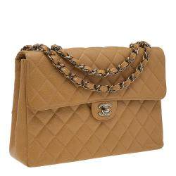 Pre Owned Chanel Beige Quilted Caviar Leather Jumbo Vintage Classic Single Flap Bag