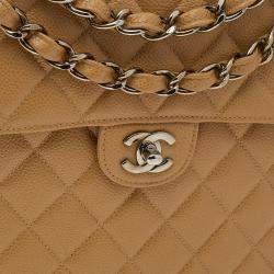 Pre Owned Chanel Beige Quilted Caviar Leather Jumbo Vintage Classic Single Flap Bag