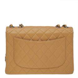 Pre Owned Chanel Beige Quilted Caviar Leather Jumbo Vintage Classic Single Flap Bag