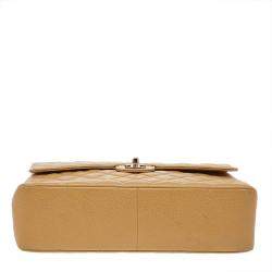 Pre Owned Chanel Beige Quilted Caviar Leather Jumbo Vintage Classic Single Flap Bag