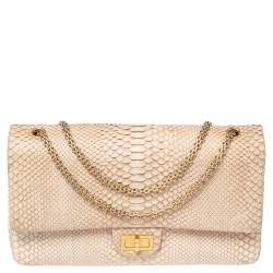 Metallic Gold Snakeskin Motif Python Leather Shoulder Flap Bag - Large