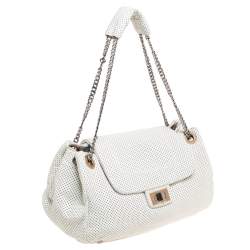 Pre Owned Chanel White Drill Perforated Leather Large Classic Flap Accordion Bag