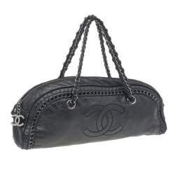 Pre Owned Chanel Black Leather Chain Trim Luxe Ligne Bowler Boston Bag