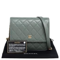 Pre Owned Chanel Mint Green Caviar Shimmer Leather Square Classic Wallet On Chain