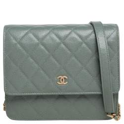 Chanel Mint Green Caviar Shimmer Leather Square Classic Wallet On Chain  Chanel