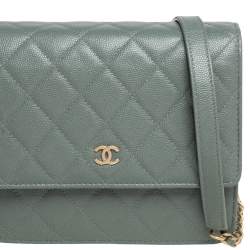 Pre Owned Chanel Mint Green Caviar Shimmer Leather Square Classic Wallet On Chain
