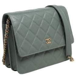Pre Owned Chanel Mint Green Caviar Shimmer Leather Square Classic Wallet On Chain
