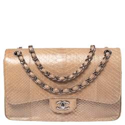 Pre Owned Chanel Beige Python and Leather Jumbo Classic Double Flap Bag