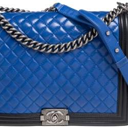 Pre Owned Chanel Black/Blue Quilted Leather Large Boy Flap Bag