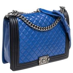 Pre Owned Chanel Black/Blue Quilted Leather Large Boy Flap Bag