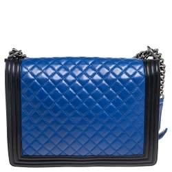 Pre Owned Chanel Black/Blue Quilted Leather Large Boy Flap Bag