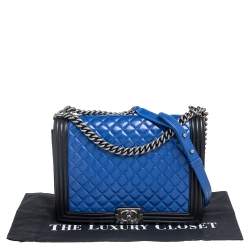 Pre Owned Chanel Black/Blue Quilted Leather Large Boy Flap Bag