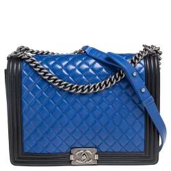 Pre Owned Chanel Black/Blue Quilted Leather Large Boy Flap Bag