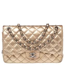 Pre Owned حقيبة شانيل كلاسيك جامبو جلد مبطن ذهبي ميتاليك بقلاب مزدوج 
