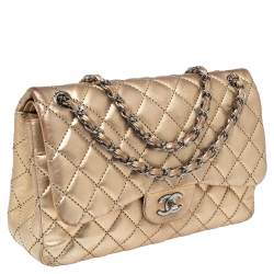 Pre Owned حقيبة شانيل كلاسيك جامبو جلد مبطن ذهبي ميتاليك بقلاب مزدوج 