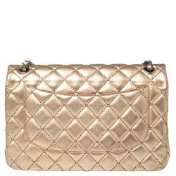 Pre Owned حقيبة شانيل كلاسيك جامبو جلد مبطن ذهبي ميتاليك بقلاب مزدوج 
