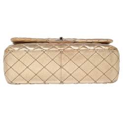 Pre Owned حقيبة شانيل كلا�سيك جامبو جلد مبطن ذهبي ميتاليك بقلاب مزدوج 