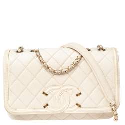Chanel White Quilted Caviar Leather Small CC Filigree Flap Bag Chanel