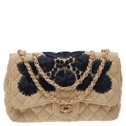 Chanel Beige Quilted Canvas And Raffia Embroidered Country Coco Jumbo Flap Bag  Chanel