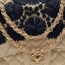 Pre Owned Chanel Beige Quilted Canvas And Raffia Embroidered Country Coco Jumbo Flap Bag