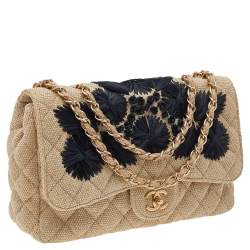 Pre Owned Chanel Beige Quilted Canvas And Raffia Embroidered Country Coco Jumbo Flap Bag