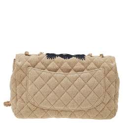 Pre Owned Chanel Beige Quilted Canvas And Raffia Embroidered Country Coco Jumbo Flap Bag