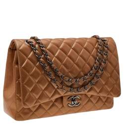 Pre Owned Chanel Metallic Beige Quilted Leather Maxi Classic Single Flap Bag