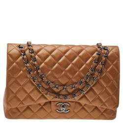 Pre Owned Chanel Metallic Beige Quilted Leather Maxi Classic Single Flap Bag