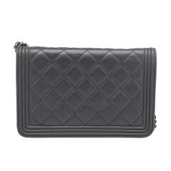 Chanel Grey Quilted Leather Boy Wallet on Chain