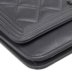 Chanel Grey Quilted Leather Boy Wallet on Chain