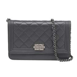 Chanel Grey Quilted Leather Boy Wallet on Chain