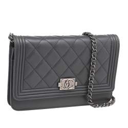 Chanel Grey Quilted Leather Boy Wallet on Chain
