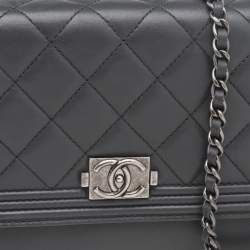 Chanel Grey Quilted Leather Boy Wallet on Chain