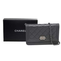 Chanel Grey Quilted Leather Boy Wallet on Chain