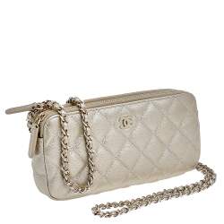 مملوكة مسبقًا Chanel Metallic Beige Caviar Quilted Leather So Many Double Zip Wallet On Chain